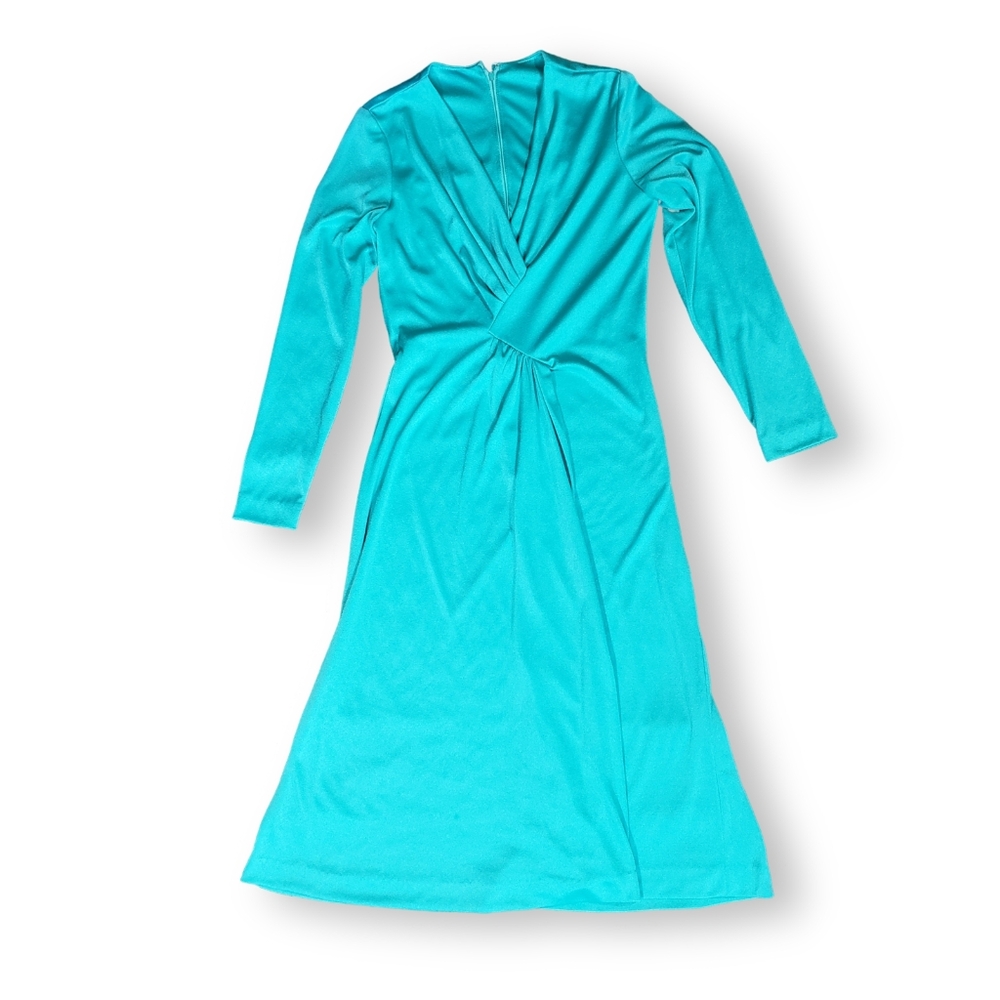 1970s Vintage Seafoam Green Handmade Long-sleeve Midi Dress Medium 70s Retro - Picture 5 of 13